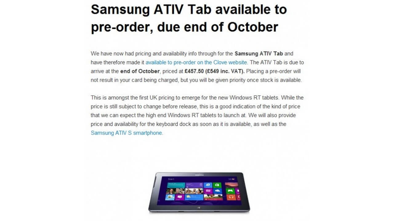 Clove、Windows RT搭載Samsung ATIV Tab予約開始