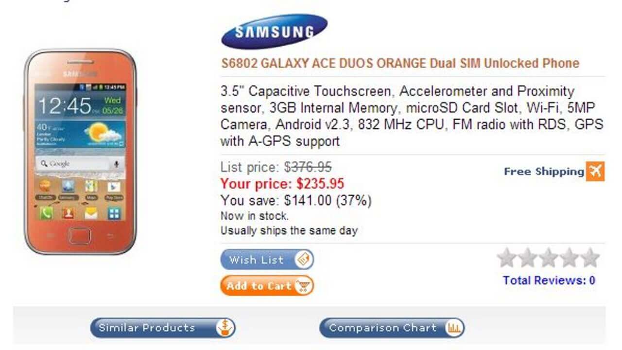 Dual-SIM対応Galaxy Ace Duos S6802はBLACK・WHITE・PINK更にORANGEもあり全部で4色