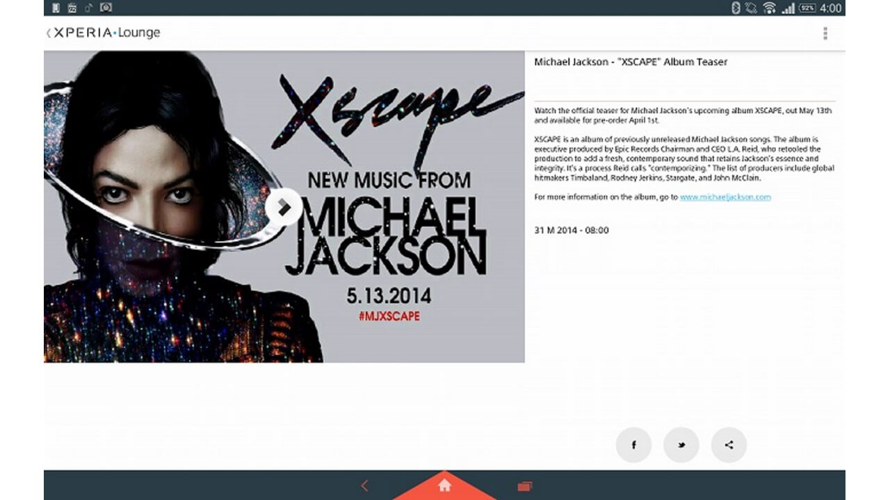 XPERIA Loungeにおけるマイケル・ジャクソン遺作第二弾「XSCAPE」は5月13日から配信だそうです