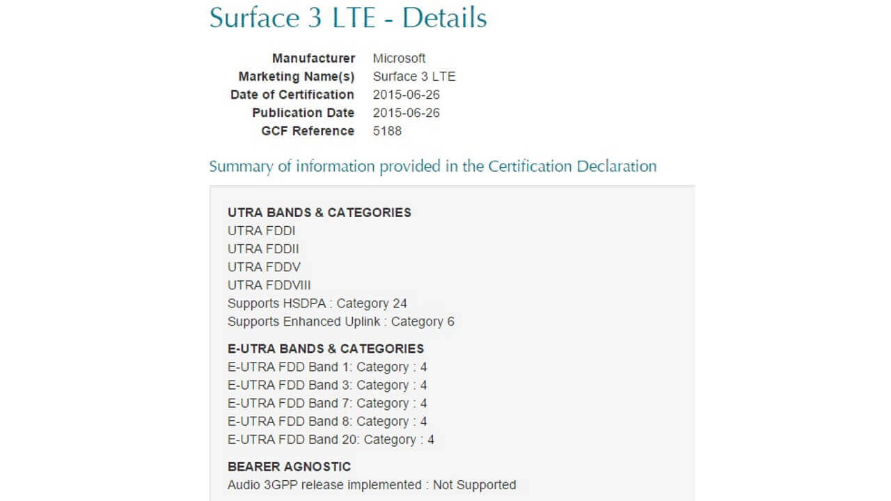 「Surface 3 LTE」GCF認証取得