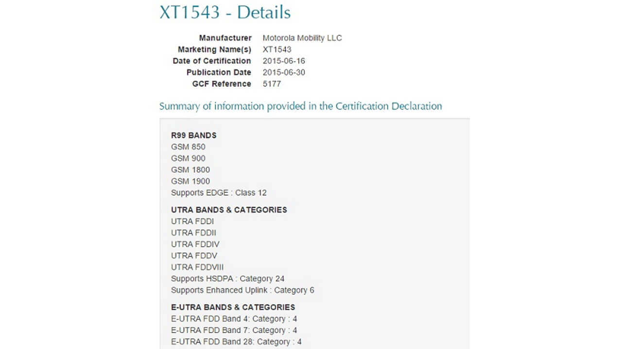 未発表Motorola型番「XT1543」GCF認証取得