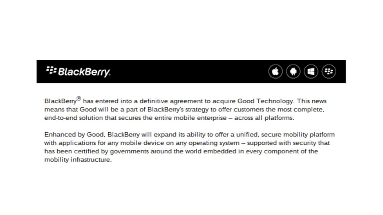 BlackBerry、モバイルセキュリティソリューションカンパニー「Good Technology」買収発表