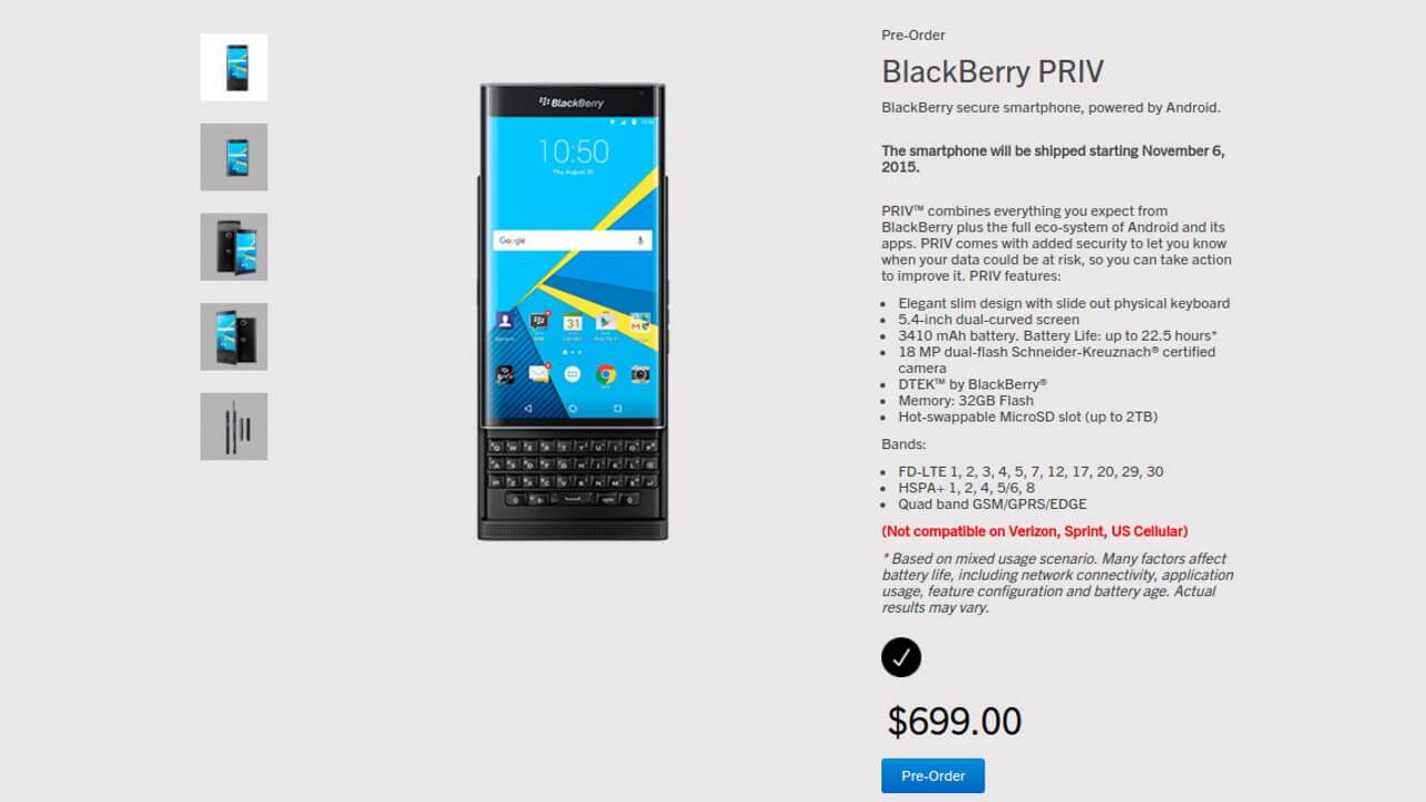 「BlackBerry Priv（STV100-1）」予約正式開始
