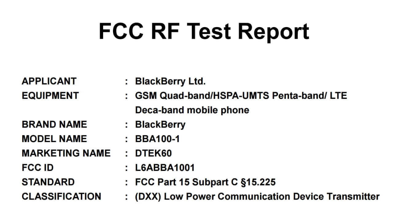「BlackBerry DTEK60（BBA100-1）」FCC認証取得
