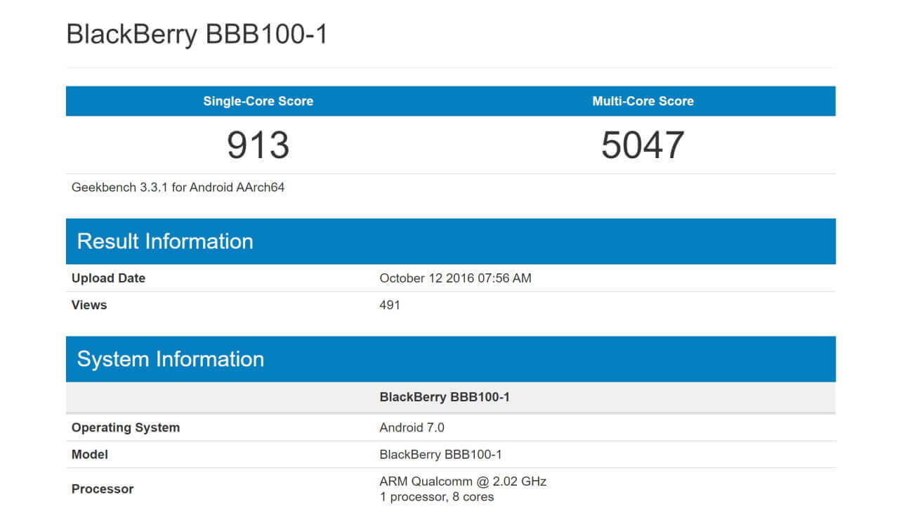 Android 7.0搭載未発表「BlackBerry BBB100-1」ベンチマーク登場