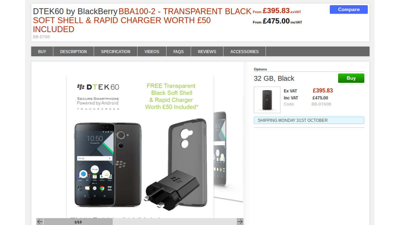 英Clove、「BlackBerry DTEK60（BBA100-2）」予約開始