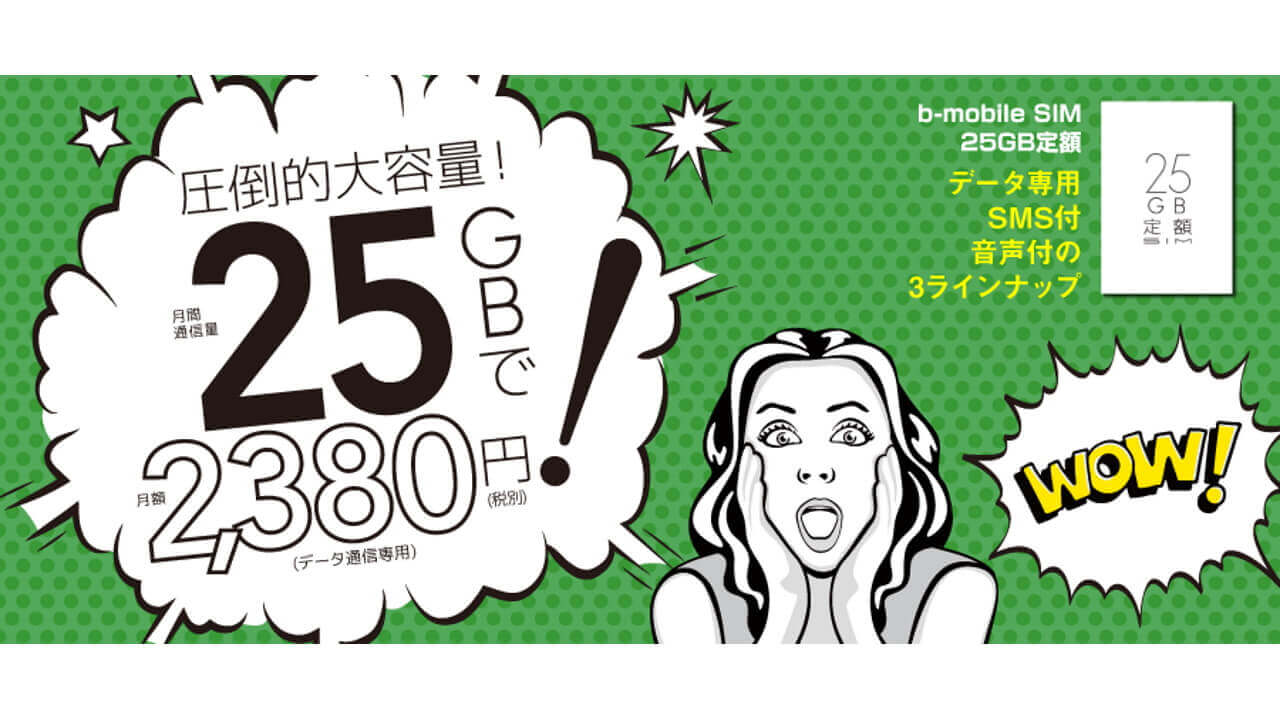 日本通信、2,380円大容量プラン「25GB定額SIM」10月17日提供開始