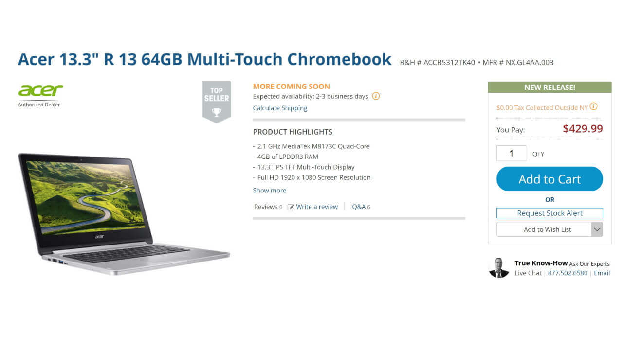 米B&Hに「Acer Chromebook R 13」64GBモデル入荷