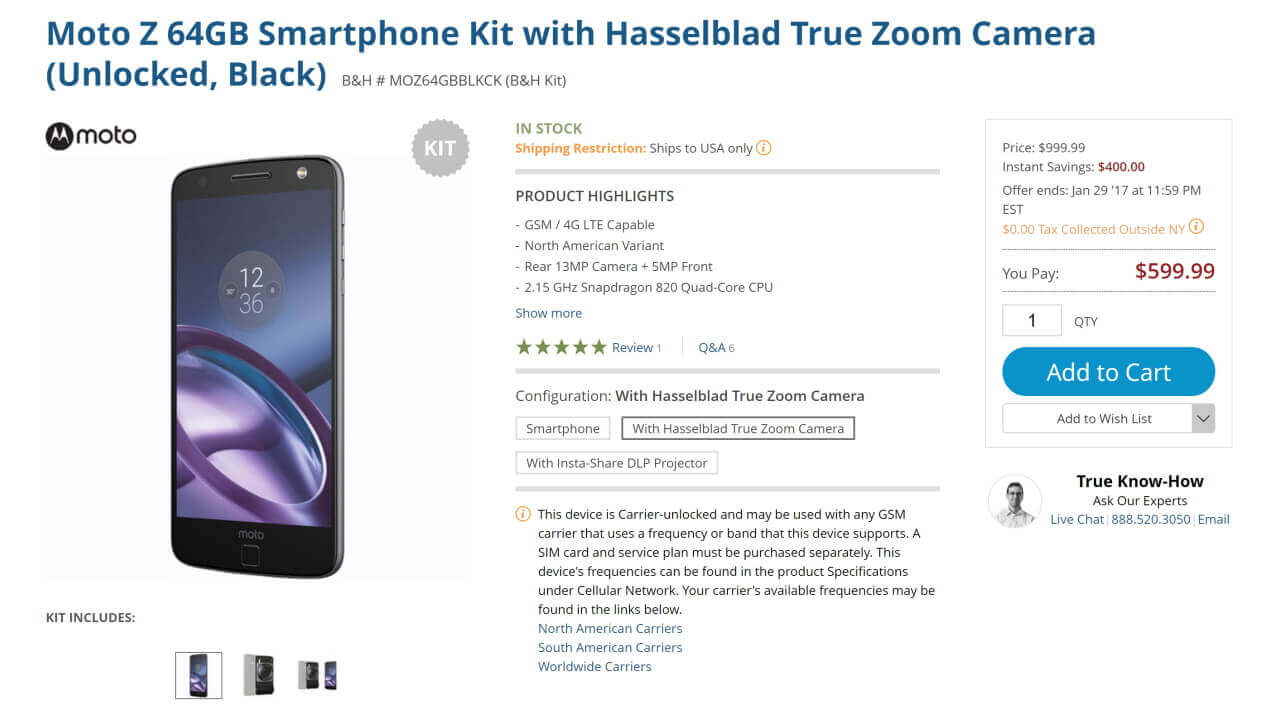 B&Hで「Moto Z」&「Hasselblad True Zoom」セットが$599