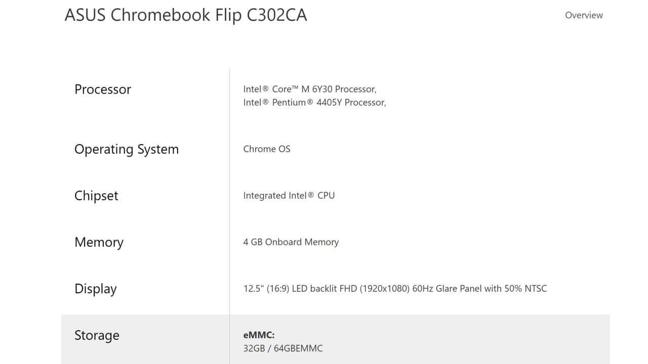 米ASUS公式から「Chromebook Flip C302CA」128GB表記も消える