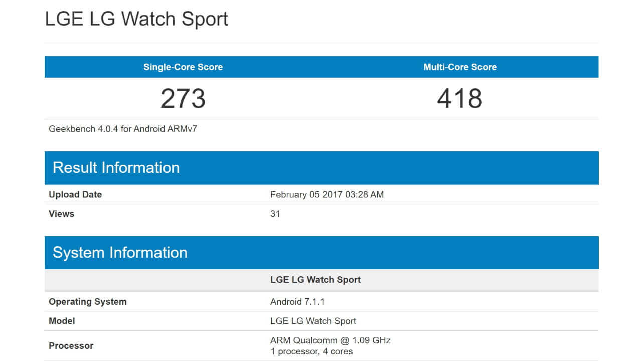 「LG Watch Sport」ベンチマーク登場