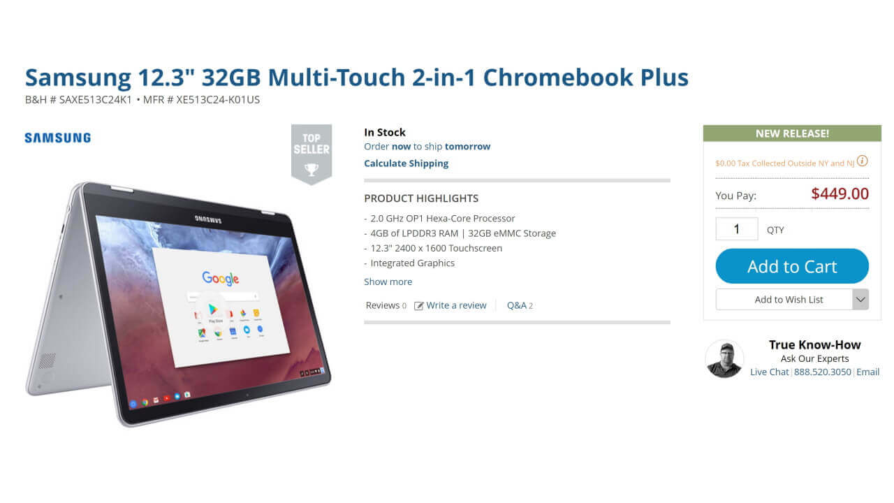 米B&Hに「Samsung Chromebook Plus」入荷