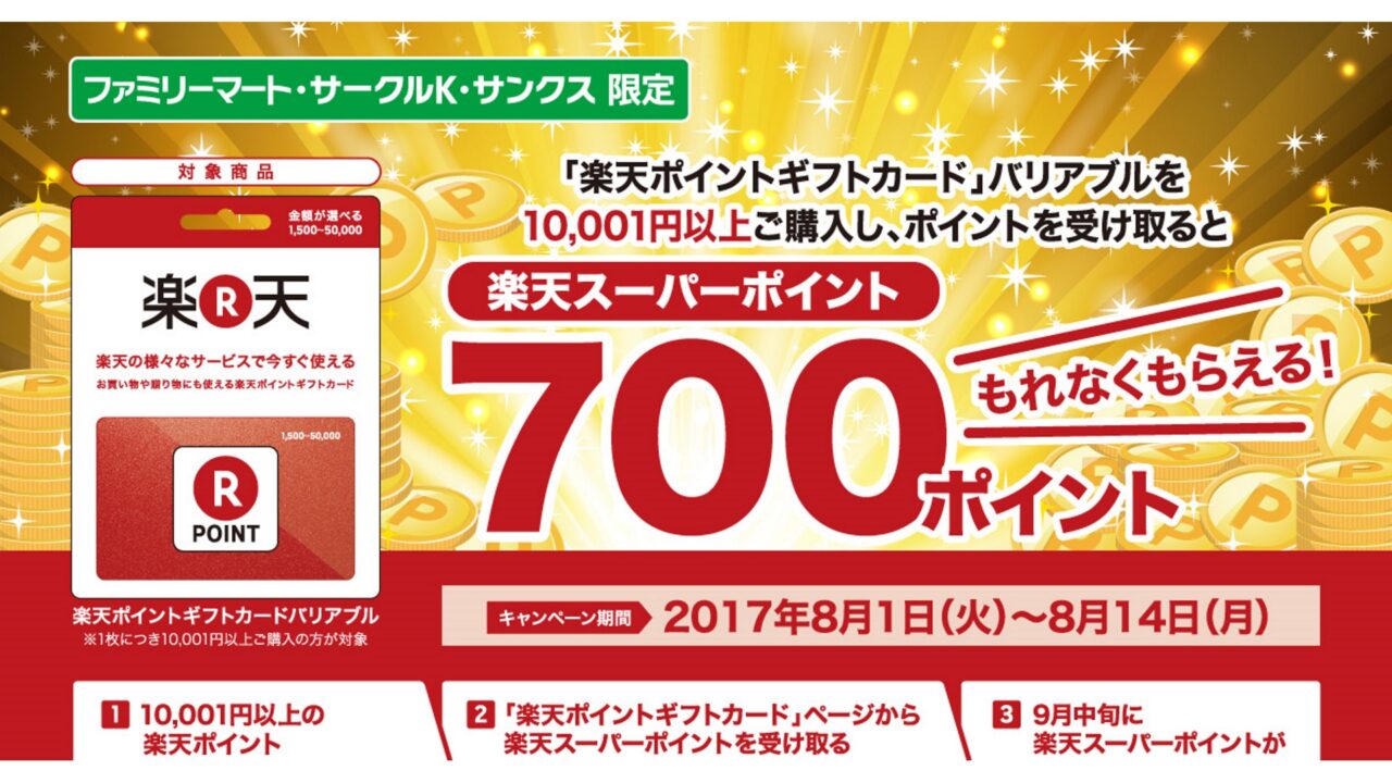 ファミリーマート、「楽天ポイントギフトカード」700ptプレゼントキャンペーン