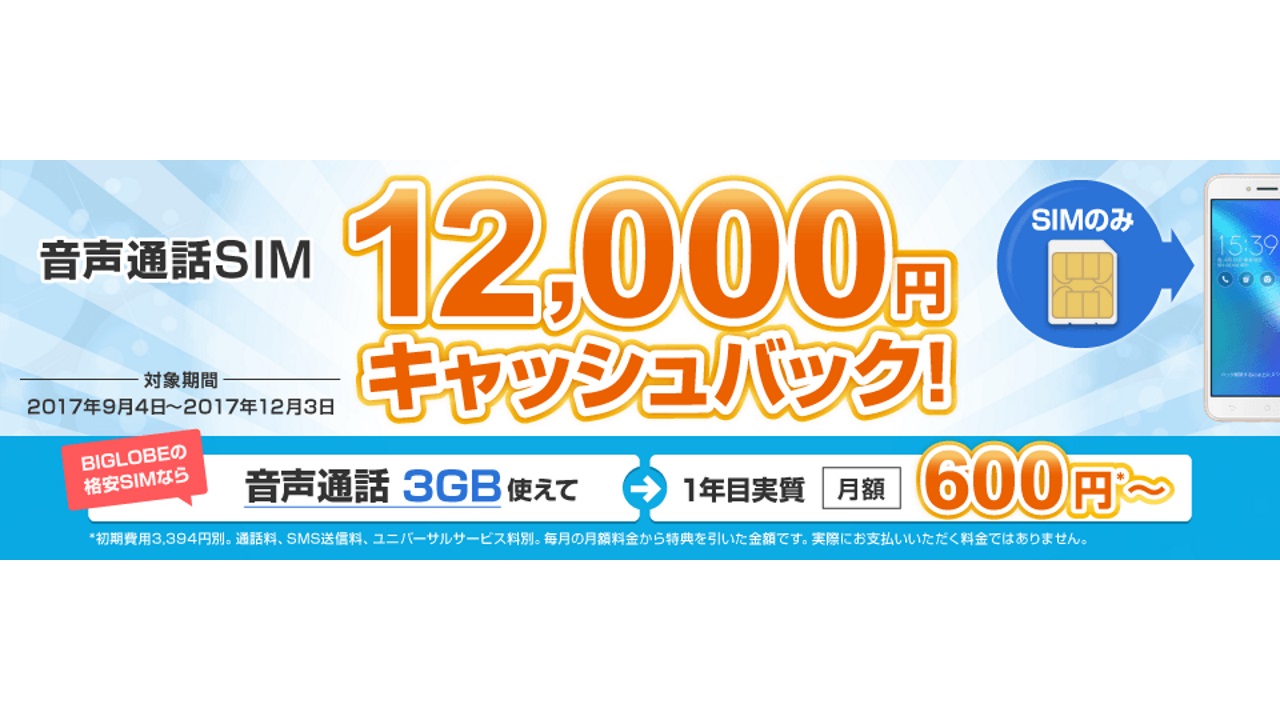 BIGLOBE SIM、1年間継続利用最大12,000円キャッシュバックキャンペーン開始